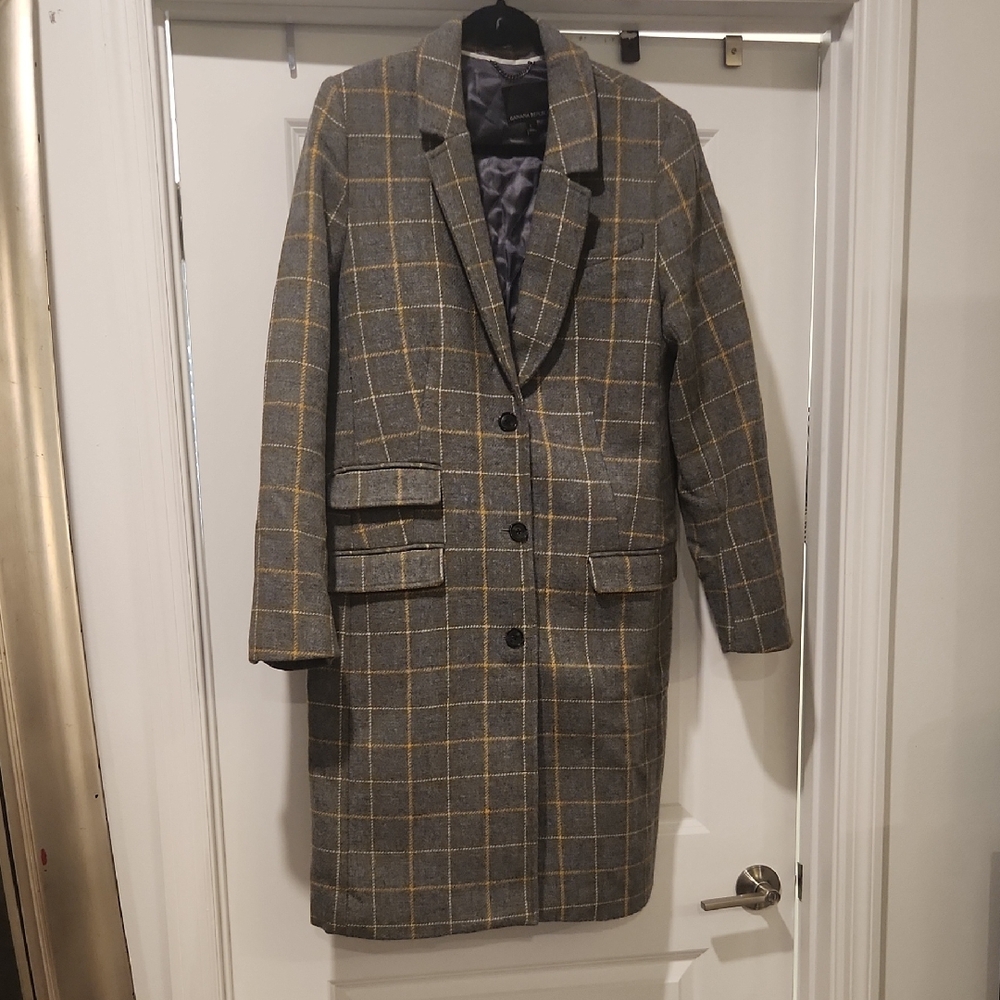 Banana Republic Gray and Yellow Plaid Pea Coat Size L! Excellent Condition!